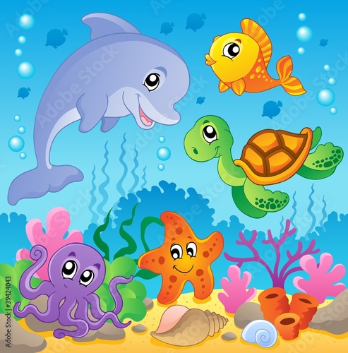 Fototapeta na wymiar Ilustracyjne podwodne kolorowe zwierzęta