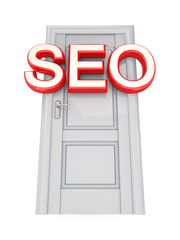 Wall Mural - White door with a red word SEO.