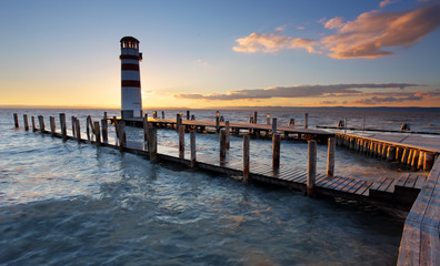 Canvas Print - Lighthouse at Lake Neusiedl at sunset