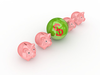 Sticker - Dollar sign between pink piggy banks.