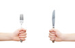 two hands holding fork and knife, clipping path