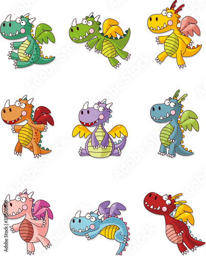 Obraz w ramie cartoon fat fire dragon icon set