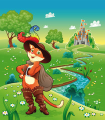 Poster - Puss in boots and background. Cartoon vector illustration.