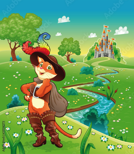 Obraz w ramie Puss in boots and background. Cartoon vector illustration.