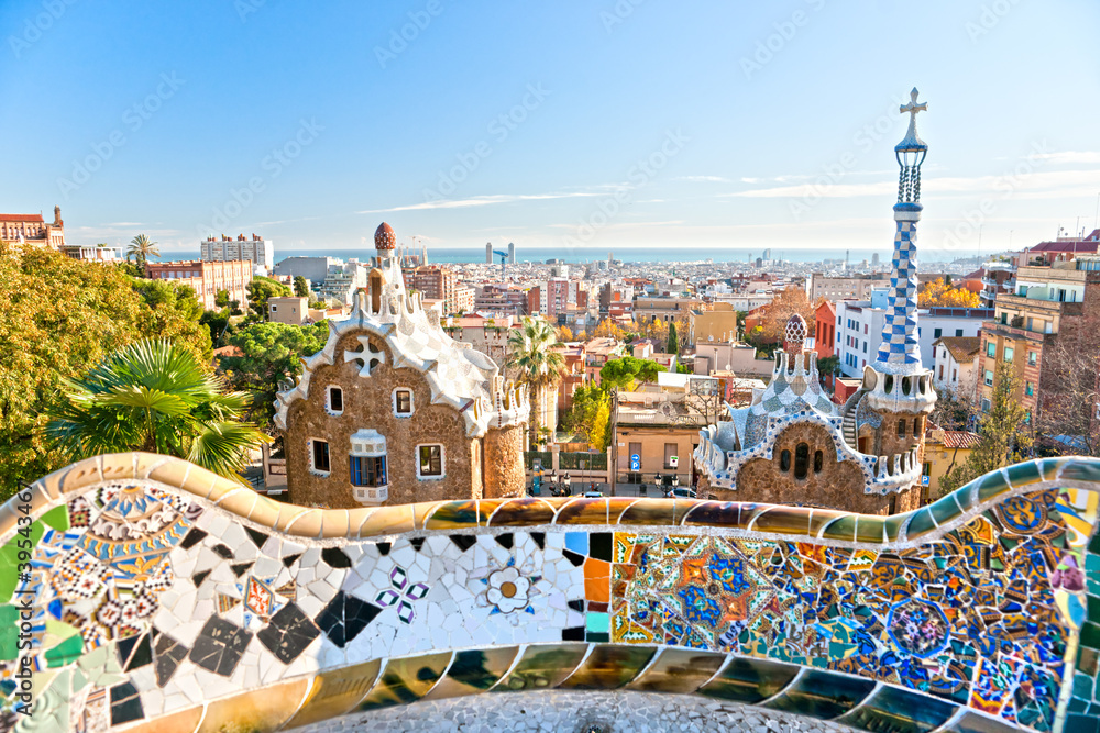 Park Guell in Barcelona, Spain. - obrazy, fototapety, plakaty 