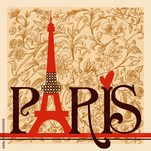 Naklejka dekoracyjna Paris lettering over vintage floral background