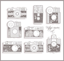 Retro Photo Cameras Set. Vector Illustration. Vintage Cameras Wi