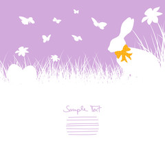 Poster - Bunny With Bow In Meadow, Butterflies, Daffodils & Eggs Purple