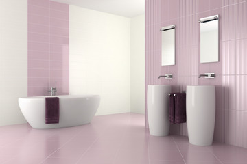 Wall Mural - purple modern bathroom with double basin and bathtub