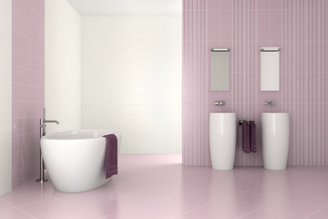 Wall Mural - purple modern bathroom with double basin and bathtub