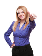 Happy young woman standing smiling showing thumb up gesture isol