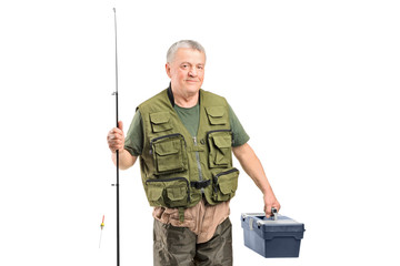 Poster - A mature fisherman holding a fishing equipment