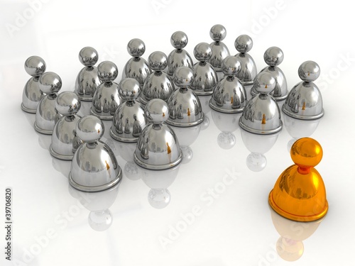 golden leader figure standing in front of a metalic group