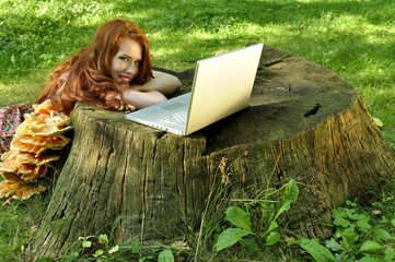 beauty, girl, laptop, mobile, outdoor, young