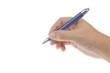 Male hand with pen isolated on white background