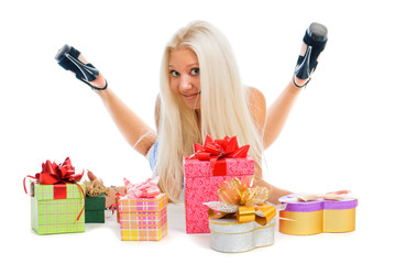 Beautiful sexy blond woman with present boxes on white backgroun