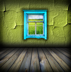 dark vintage green room with window with field and sky above it