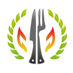 Restaurant logo fork knife fire stone wood pizzeria template