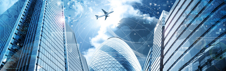 Business futuristic skyscraper banner with programm code