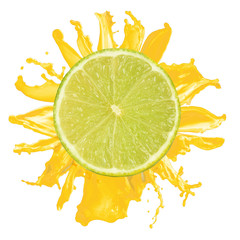 sliced lime splash with orange juice isolated on white backgroun