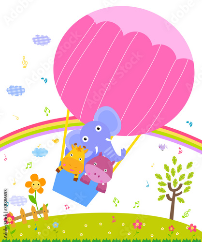 Fototapeta na wymiar giraffe,hippo and elephant in colorful hot air balloon