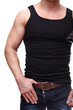 © Kekyalyaynen - Caucasian muscular male torso in black t-shirt on white