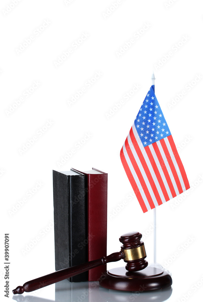 judge gavel, books and american flag isolated on white