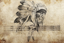 Tattoo Sketch Of American Indian Tribal Chief Warriors