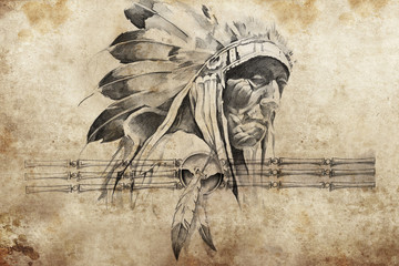 Papier Peint - Tattoo sketch of American Indian tribal chief warriors