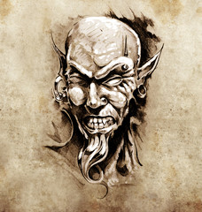 Papier Peint - Sketch of tattoo art, devil head with piercing