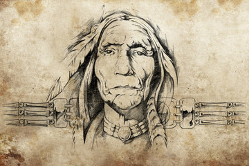 Wall Mural - sketch of American Indian elder