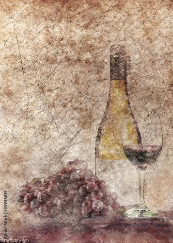 Fototapeta do kuchni Grunge wine bottle and grapes