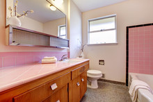 PInk Old Bathroom Interior With Tub.