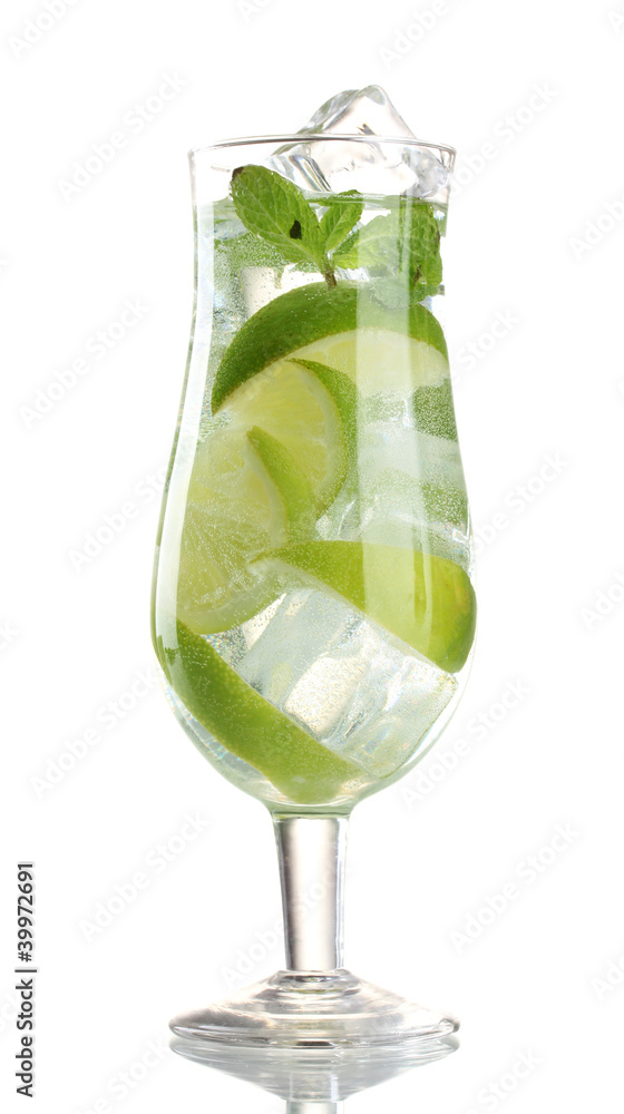 glass of cocktail with lime and mint isolated on white