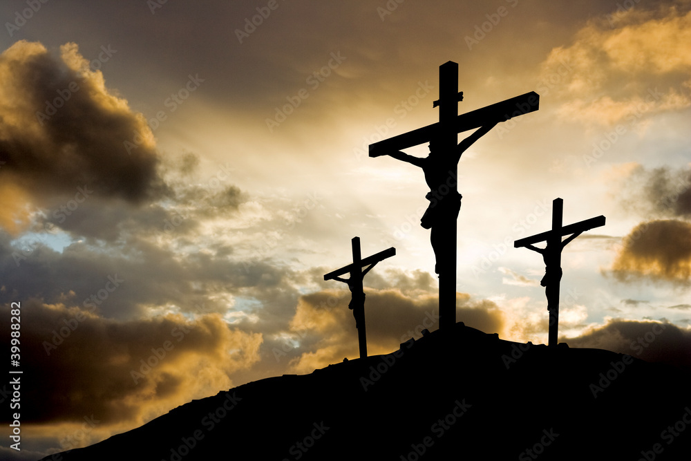 three crosses at sunset - obrazy, fototapety, plakaty 