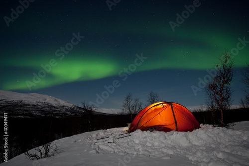 Plakat na papierze fotorealistycznym Zimowa wycieczka po Laponii - w nocy pod zorzy polarnej