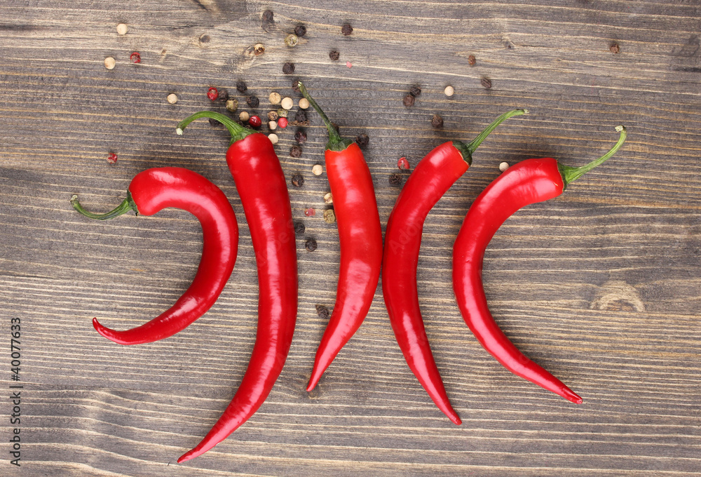 Red hot chili peppers on wooden background