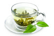 Cup with green tea and green leaves.