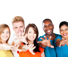 group of multiracial friends reaching for the camera