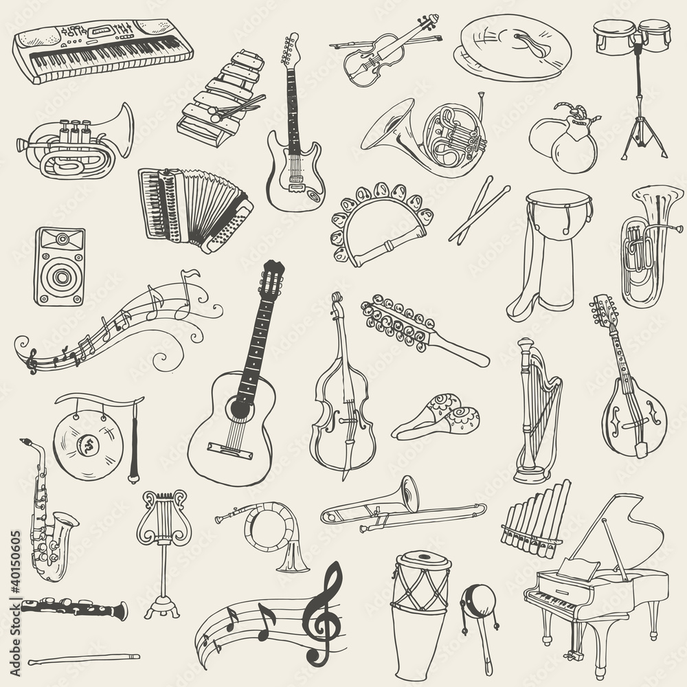 Set of Music Instruments - hand drawn in vector - obrazy, fototapety, plakaty 