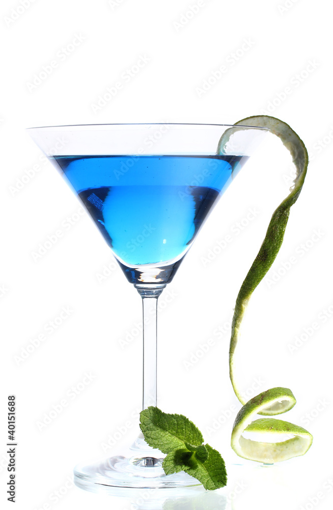 Blue cocktail in martini glass isolated on white