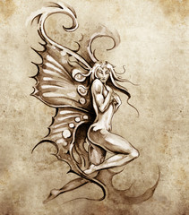 Papier Peint - Sketch of tattoo art, fantasy fairy, nude illustration