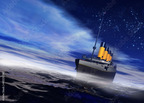 Cuadros en Lienzo Titanic ship sailing on the night ocean with fog rising