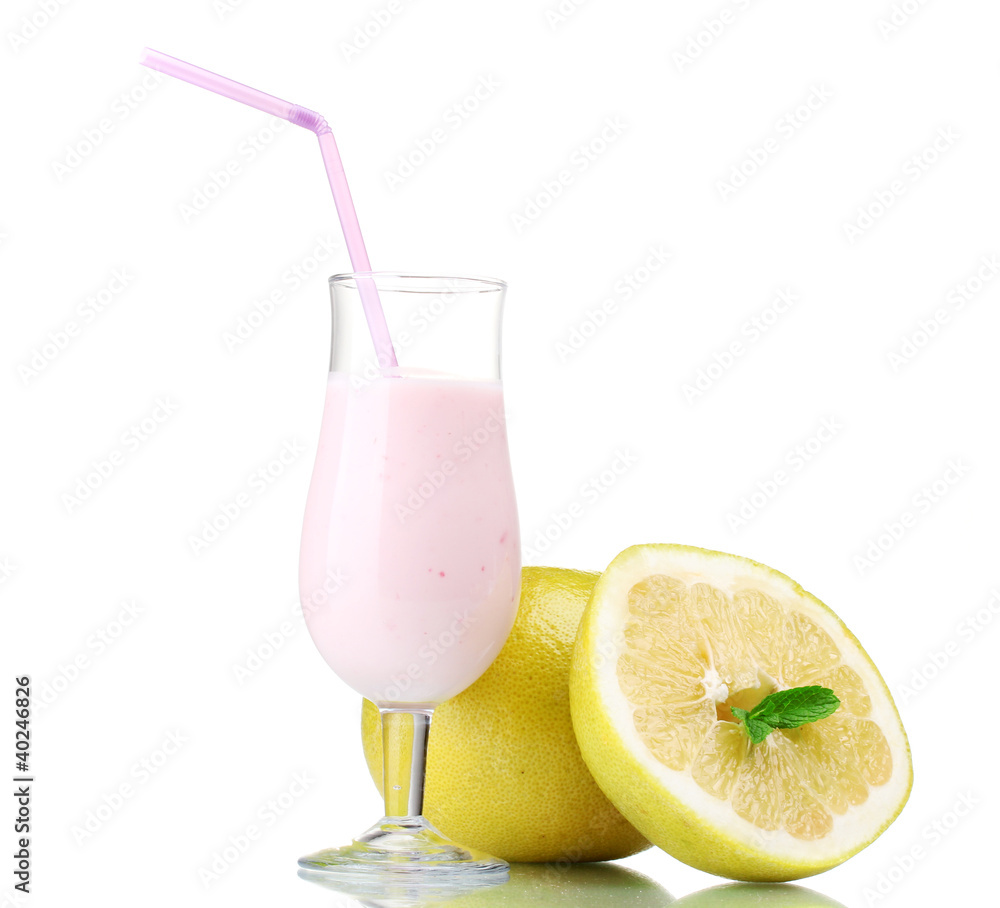 Milk shake and pomelo isolated on white