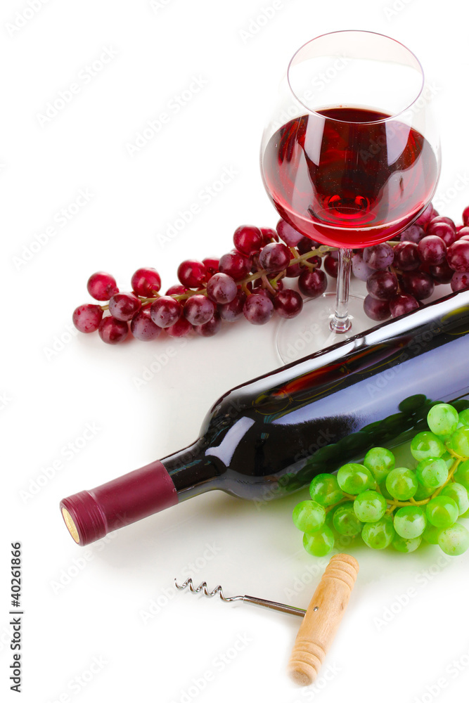 Bottle of great wine with wineglass and corkscrew isolated