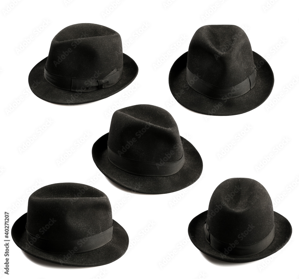 multiple view of black fedora hat isolated on white - obrazy, fototapety, plakaty 