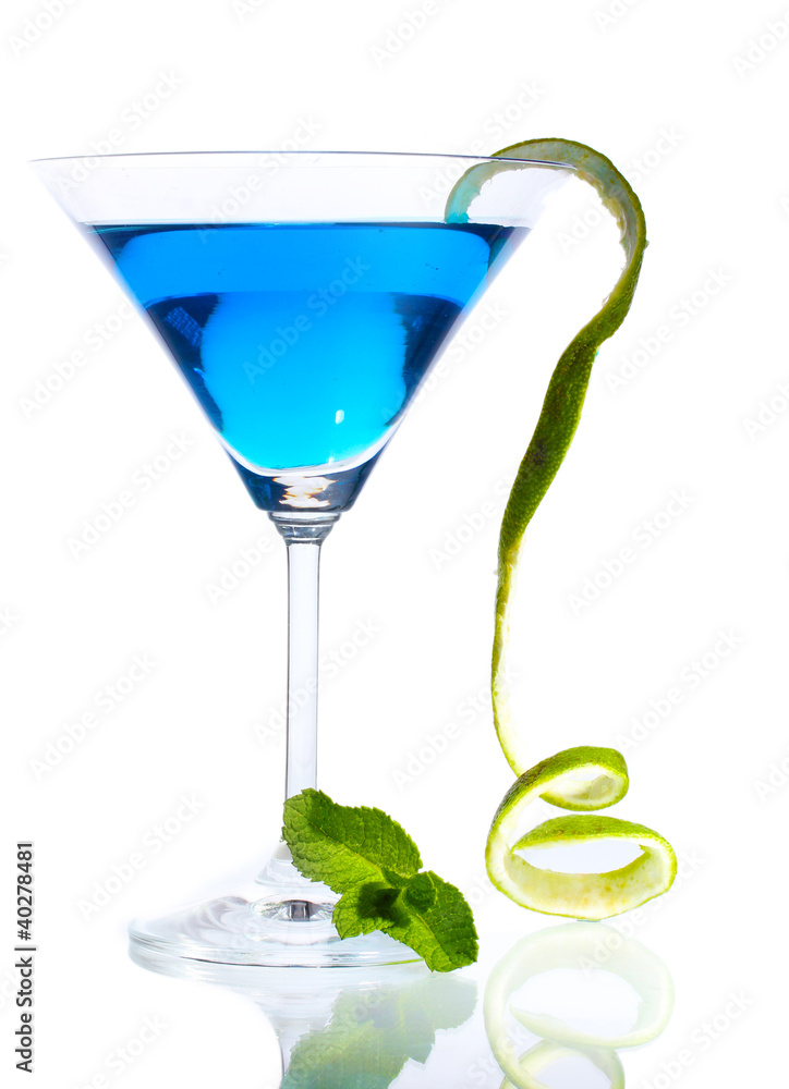 Blue cocktail in martini glass isolated on white