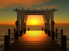 Wedding Gazebo On The Wooden Pier Into The Sea At Sunset