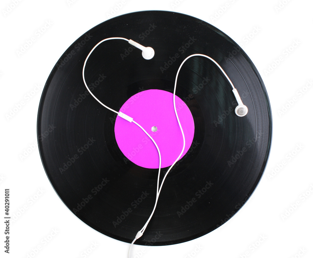 Black vinyl record and headphones isolated on white