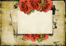 Grunge Background With Card And Roses